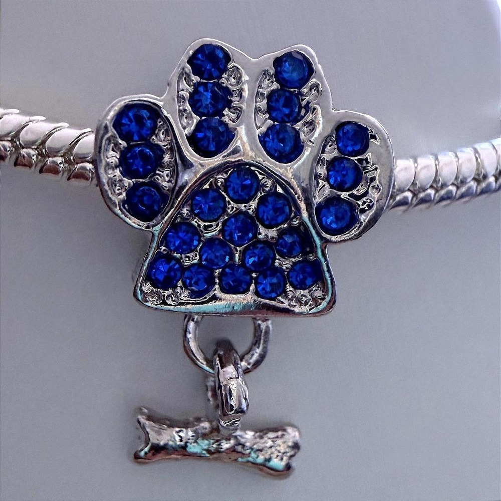 Pandora-like Blue Rhinestone Paw Print Bone Silver Charm Snake Chain Bracelet